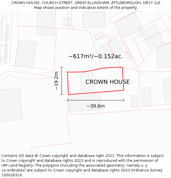 CROWN HOUSE, CHURCH STREET, GREAT ELLINGHAM, ATTLEBOROUGH, NR17 1LE: Plot and title map