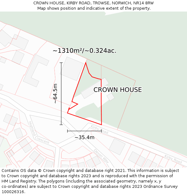 CROWN HOUSE, KIRBY ROAD, TROWSE, NORWICH, NR14 8RW: Plot and title map