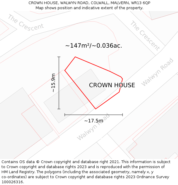 CROWN HOUSE, WALWYN ROAD, COLWALL, MALVERN, WR13 6QP: Plot and title map