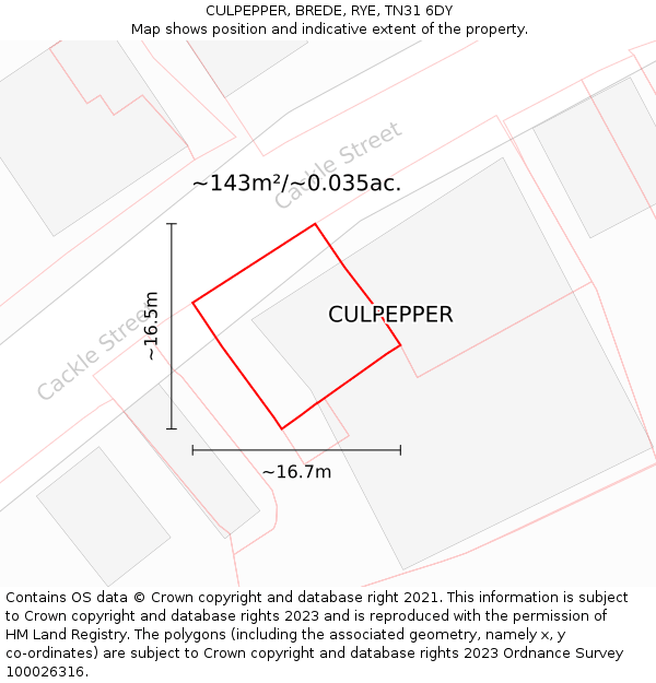 CULPEPPER, BREDE, RYE, TN31 6DY: Plot and title map