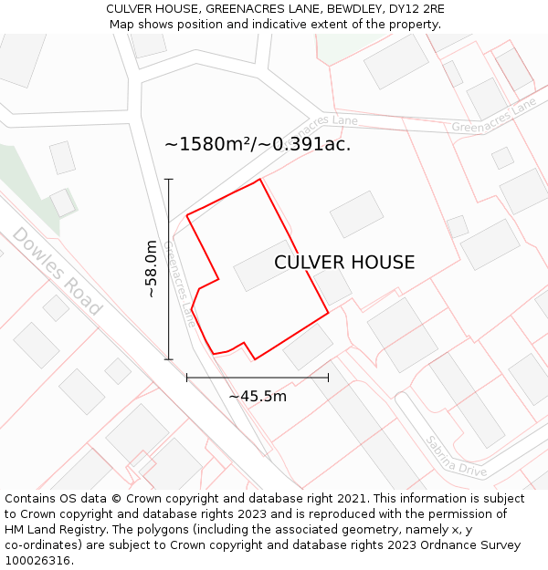 CULVER HOUSE, GREENACRES LANE, BEWDLEY, DY12 2RE: Plot and title map