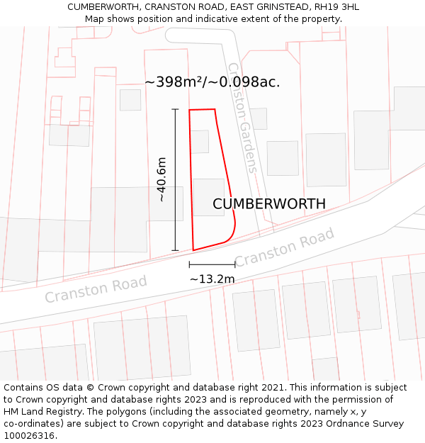 CUMBERWORTH, CRANSTON ROAD, EAST GRINSTEAD, RH19 3HL: Plot and title map
