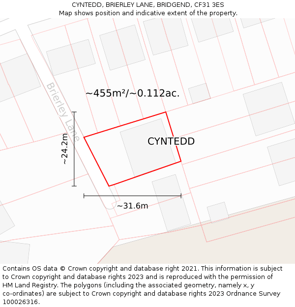 CYNTEDD, BRIERLEY LANE, BRIDGEND, CF31 3ES: Plot and title map