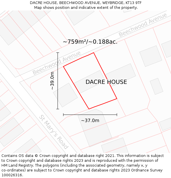 DACRE HOUSE, BEECHWOOD AVENUE, WEYBRIDGE, KT13 9TF: Plot and title map