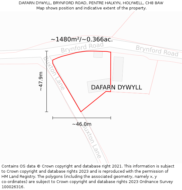 DAFARN DYWYLL, BRYNFORD ROAD, PENTRE HALKYN, HOLYWELL, CH8 8AW: Plot and title map