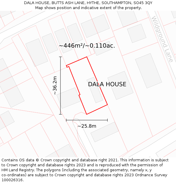DALA HOUSE, BUTTS ASH LANE, HYTHE, SOUTHAMPTON, SO45 3QY: Plot and title map