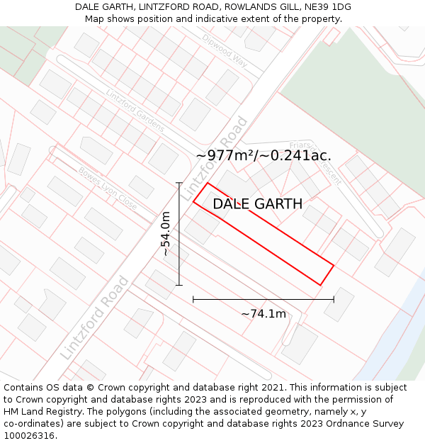 DALE GARTH, LINTZFORD ROAD, ROWLANDS GILL, NE39 1DG: Plot and title map