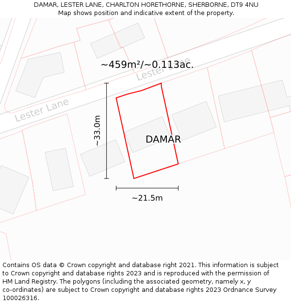 DAMAR, LESTER LANE, CHARLTON HORETHORNE, SHERBORNE, DT9 4NU: Plot and title map