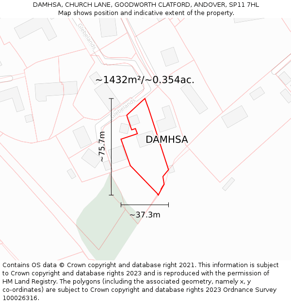 DAMHSA, CHURCH LANE, GOODWORTH CLATFORD, ANDOVER, SP11 7HL: Plot and title map