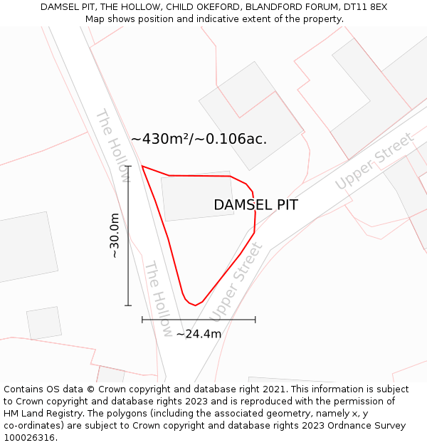 DAMSEL PIT, THE HOLLOW, CHILD OKEFORD, BLANDFORD FORUM, DT11 8EX: Plot and title map