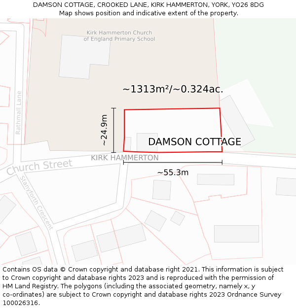 DAMSON COTTAGE, CROOKED LANE, KIRK HAMMERTON, YORK, YO26 8DG: Plot and title map