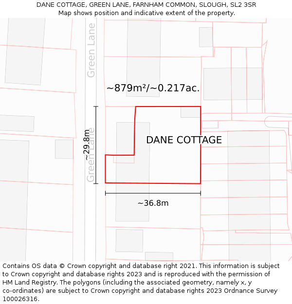 DANE COTTAGE, GREEN LANE, FARNHAM COMMON, SLOUGH, SL2 3SR: Plot and title map