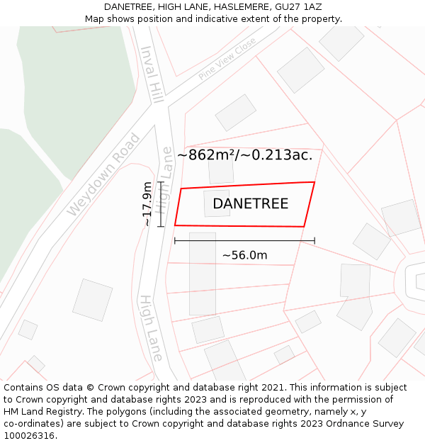 DANETREE, HIGH LANE, HASLEMERE, GU27 1AZ: Plot and title map