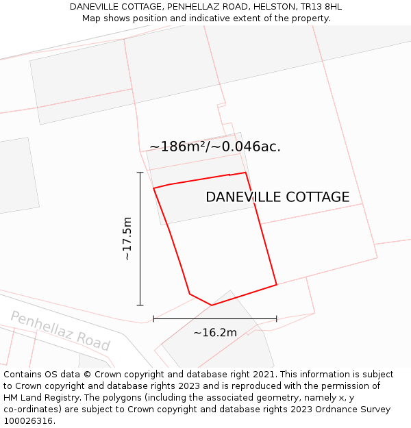 DANEVILLE COTTAGE, PENHELLAZ ROAD, HELSTON, TR13 8HL: Plot and title map