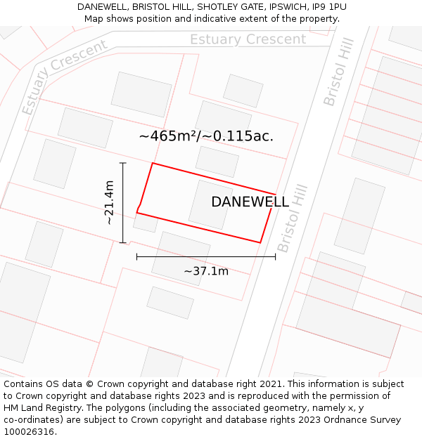 DANEWELL, BRISTOL HILL, SHOTLEY GATE, IPSWICH, IP9 1PU: Plot and title map
