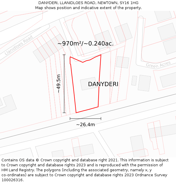DANYDERI, LLANIDLOES ROAD, NEWTOWN, SY16 1HG: Plot and title map