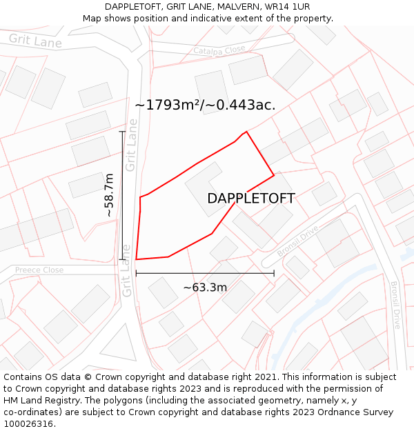 DAPPLETOFT, GRIT LANE, MALVERN, WR14 1UR: Plot and title map