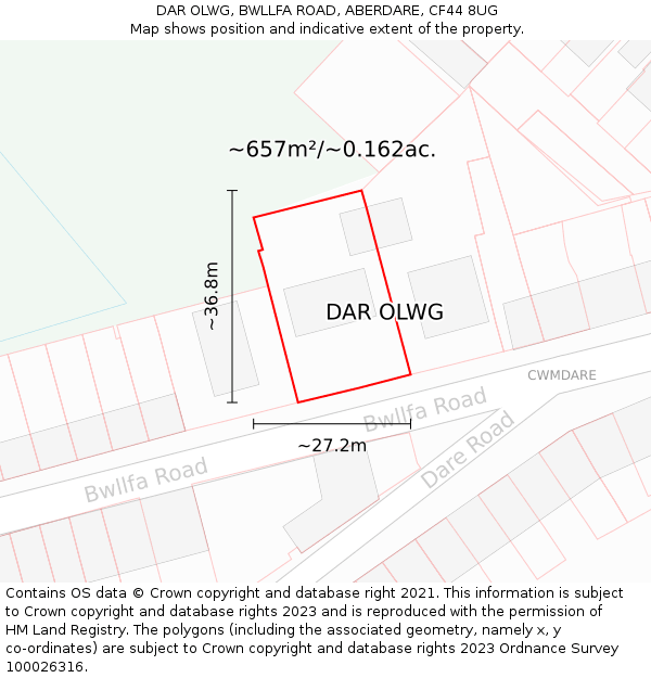 DAR OLWG, BWLLFA ROAD, ABERDARE, CF44 8UG: Plot and title map