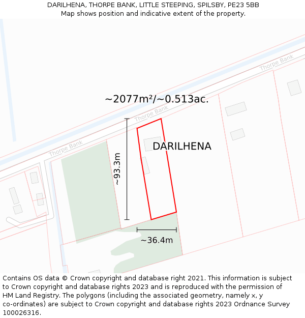 DARILHENA, THORPE BANK, LITTLE STEEPING, SPILSBY, PE23 5BB: Plot and title map