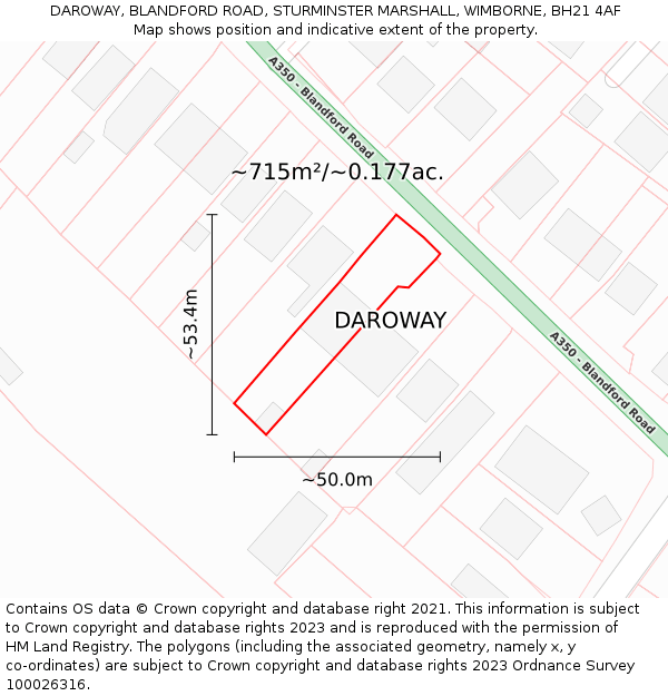 DAROWAY, BLANDFORD ROAD, STURMINSTER MARSHALL, WIMBORNE, BH21 4AF: Plot and title map