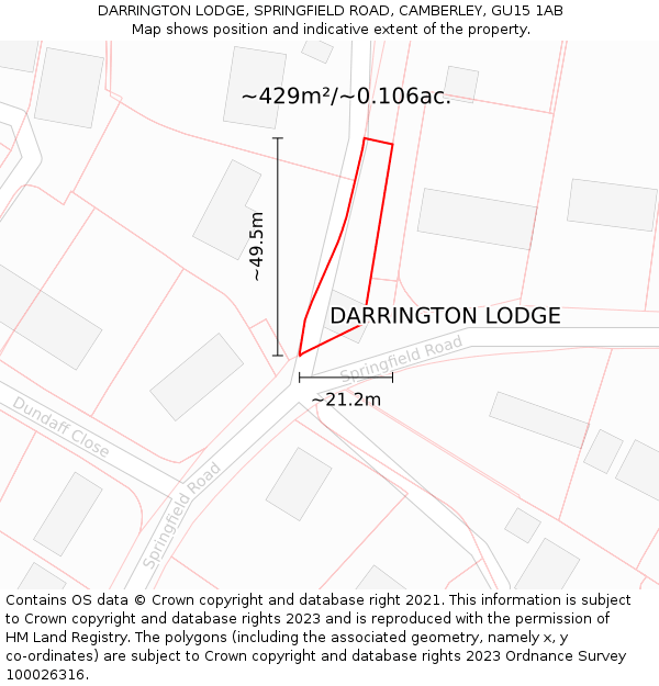 DARRINGTON LODGE, SPRINGFIELD ROAD, CAMBERLEY, GU15 1AB: Plot and title map