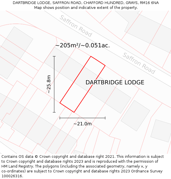 DARTBRIDGE LODGE, SAFFRON ROAD, CHAFFORD HUNDRED, GRAYS, RM16 6NA: Plot and title map