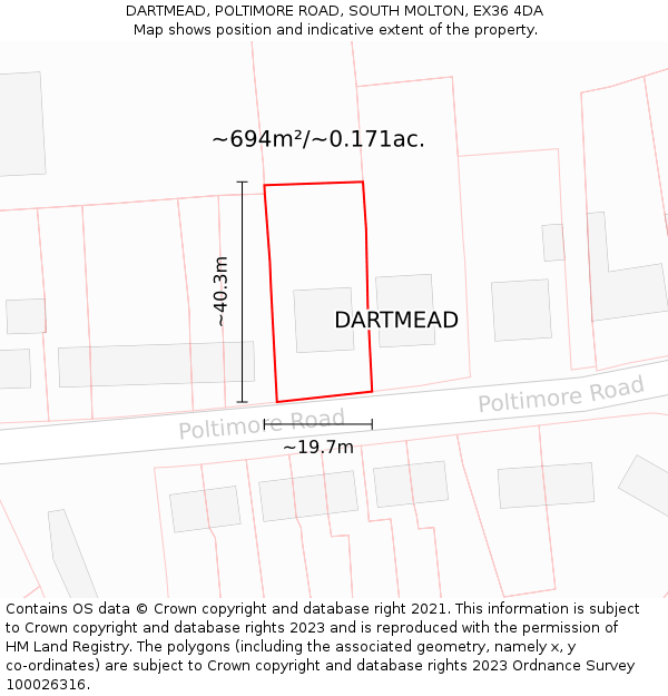DARTMEAD, POLTIMORE ROAD, SOUTH MOLTON, EX36 4DA: Plot and title map