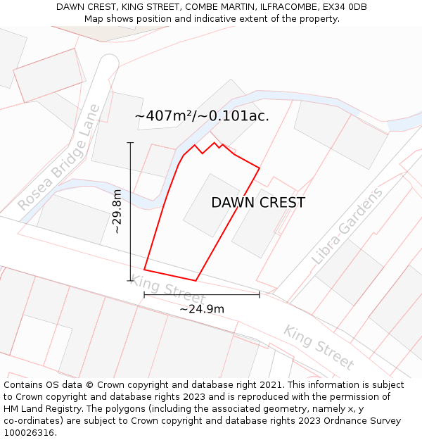 DAWN CREST, KING STREET, COMBE MARTIN, ILFRACOMBE, EX34 0DB: Plot and title map