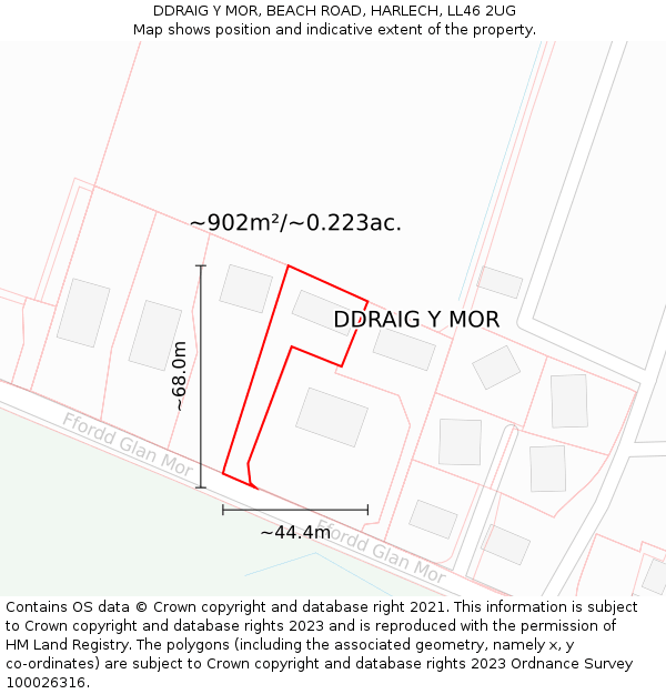 DDRAIG Y MOR, BEACH ROAD, HARLECH, LL46 2UG: Plot and title map