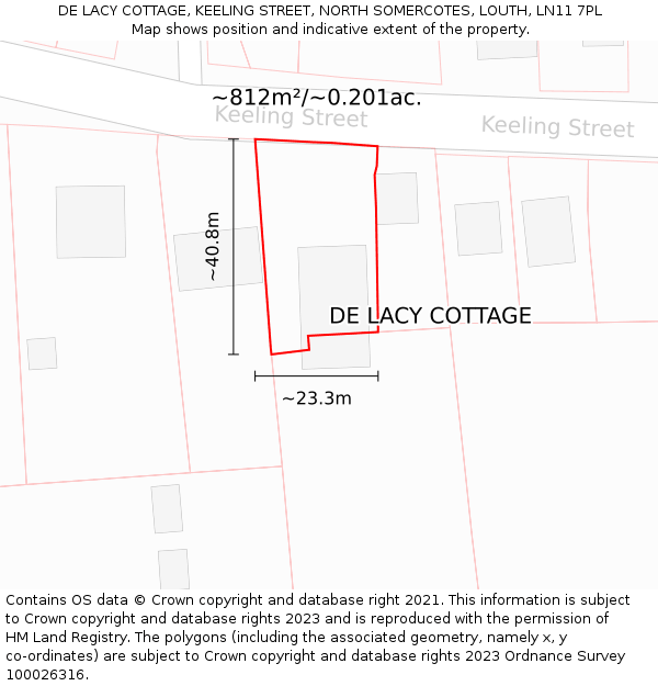 DE LACY COTTAGE, KEELING STREET, NORTH SOMERCOTES, LOUTH, LN11 7PL: Plot and title map