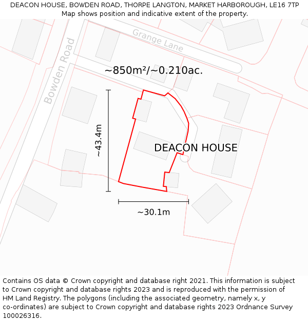 DEACON HOUSE, BOWDEN ROAD, THORPE LANGTON, MARKET HARBOROUGH, LE16 7TP: Plot and title map