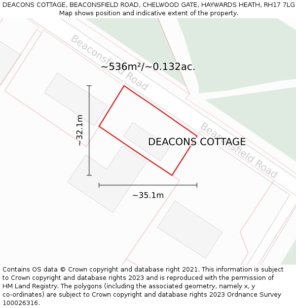 DEACONS COTTAGE, BEACONSFIELD ROAD, CHELWOOD GATE, HAYWARDS HEATH, RH17 7LG: Plot and title map