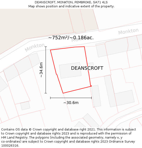 DEANSCROFT, MONKTON, PEMBROKE, SA71 4LS: Plot and title map