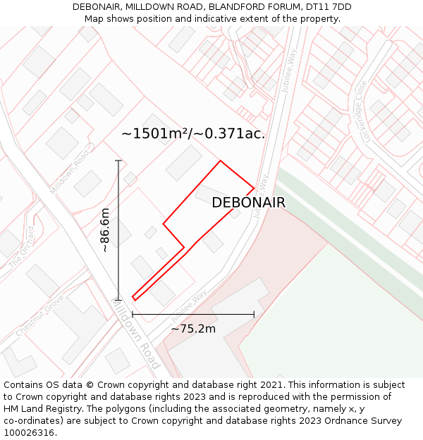 DEBONAIR, MILLDOWN ROAD, BLANDFORD FORUM, DT11 7DD: Plot and title map