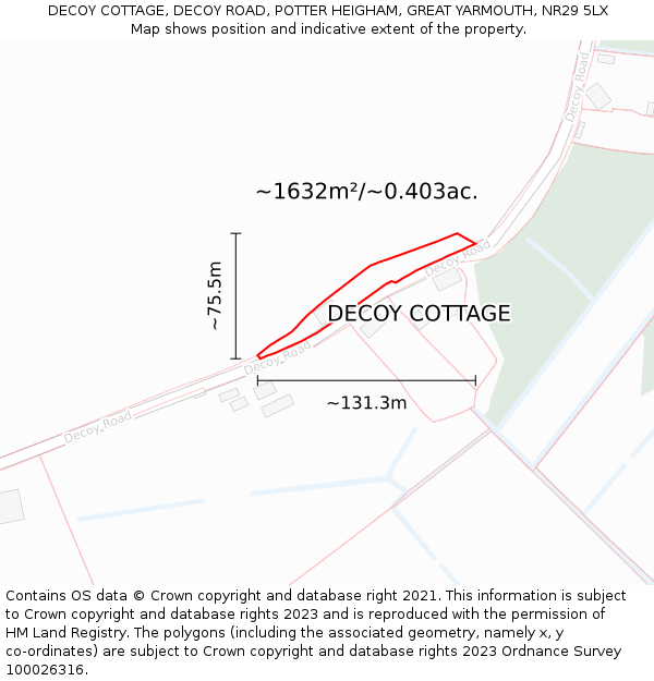 DECOY COTTAGE, DECOY ROAD, POTTER HEIGHAM, GREAT YARMOUTH, NR29 5LX: Plot and title map