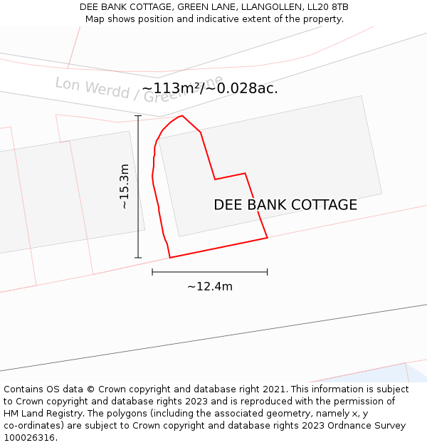 DEE BANK COTTAGE, GREEN LANE, LLANGOLLEN, LL20 8TB: Plot and title map