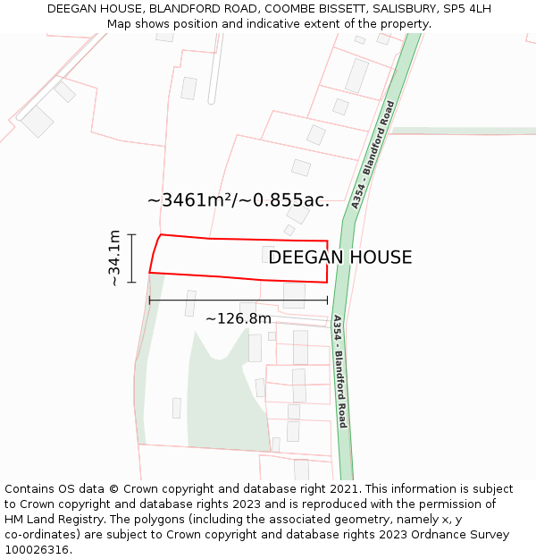 DEEGAN HOUSE, BLANDFORD ROAD, COOMBE BISSETT, SALISBURY, SP5 4LH: Plot and title map