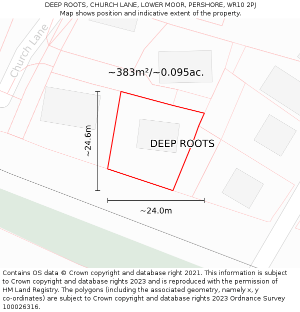 DEEP ROOTS, CHURCH LANE, LOWER MOOR, PERSHORE, WR10 2PJ: Plot and title map