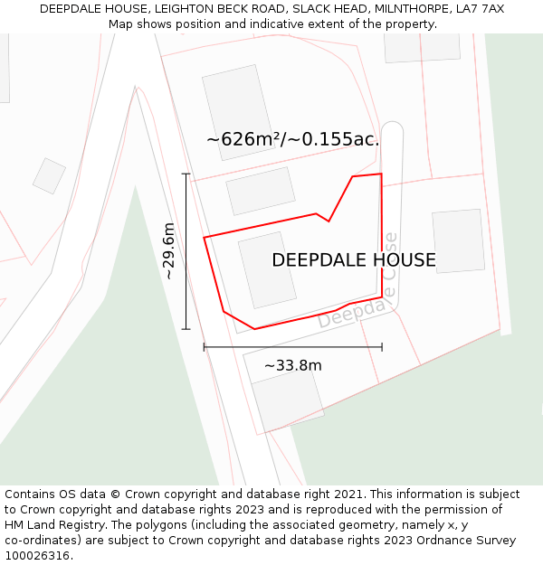 DEEPDALE HOUSE, LEIGHTON BECK ROAD, SLACK HEAD, MILNTHORPE, LA7 7AX: Plot and title map