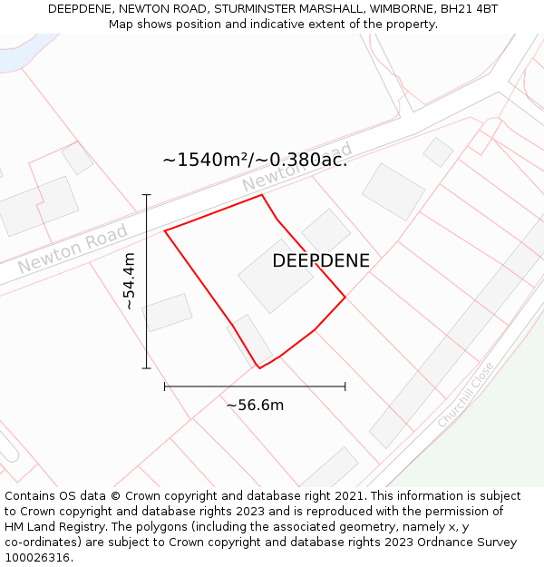 DEEPDENE, NEWTON ROAD, STURMINSTER MARSHALL, WIMBORNE, BH21 4BT: Plot and title map