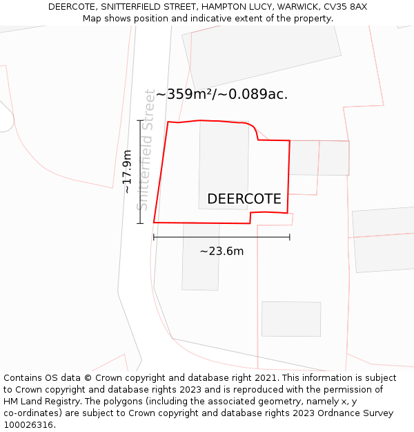 DEERCOTE, SNITTERFIELD STREET, HAMPTON LUCY, WARWICK, CV35 8AX: Plot and title map