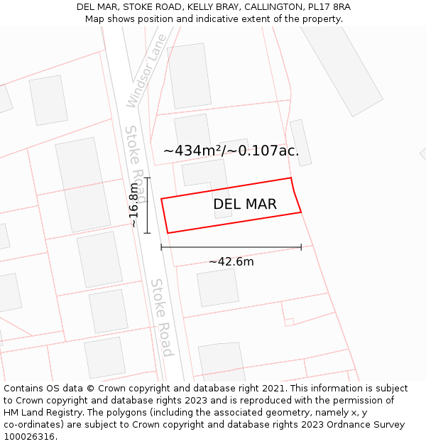 DEL MAR, STOKE ROAD, KELLY BRAY, CALLINGTON, PL17 8RA: Plot and title map