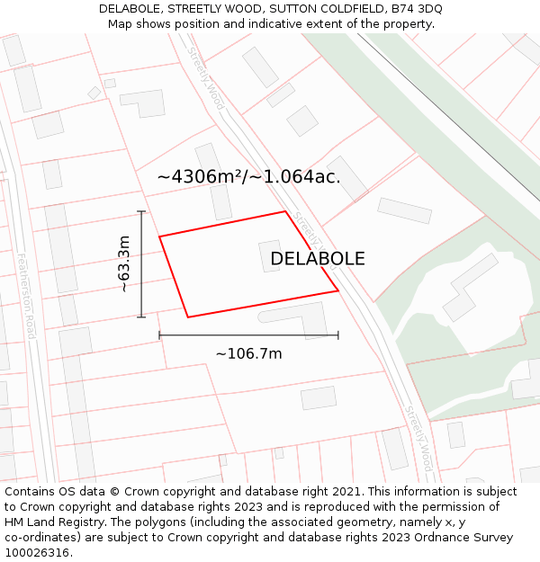 DELABOLE, STREETLY WOOD, SUTTON COLDFIELD, B74 3DQ: Plot and title map