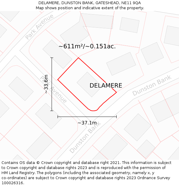 DELAMERE, DUNSTON BANK, GATESHEAD, NE11 9QA: Plot and title map