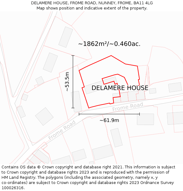 DELAMERE HOUSE, FROME ROAD, NUNNEY, FROME, BA11 4LG: Plot and title map