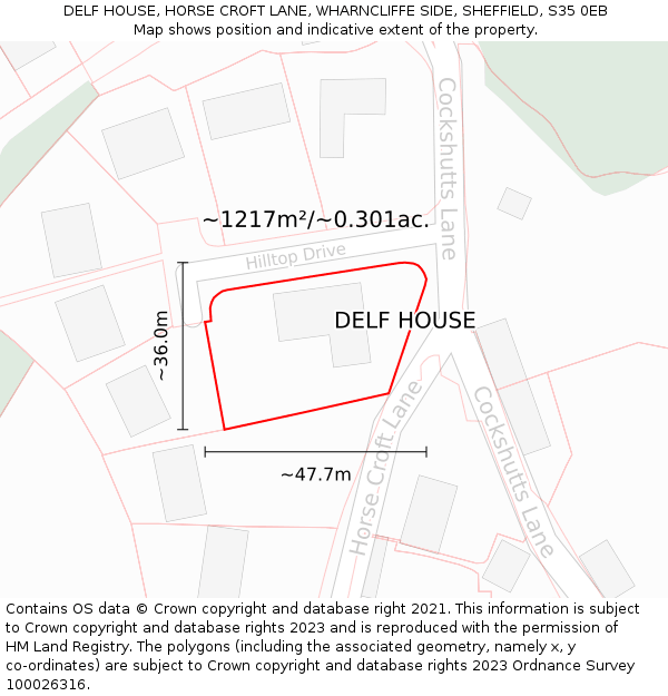 DELF HOUSE, HORSE CROFT LANE, WHARNCLIFFE SIDE, SHEFFIELD, S35 0EB: Plot and title map