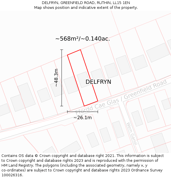DELFRYN, GREENFIELD ROAD, RUTHIN, LL15 1EN: Plot and title map