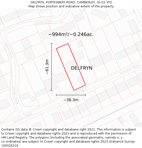 DELFRYN, PORTESBERY ROAD, CAMBERLEY, GU15 3TD: Plot and title map