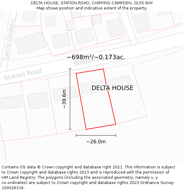 DELTA HOUSE, STATION ROAD, CHIPPING CAMPDEN, GL55 6HY: Plot and title map