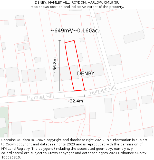 DENBY, HAMLET HILL, ROYDON, HARLOW, CM19 5JU: Plot and title map